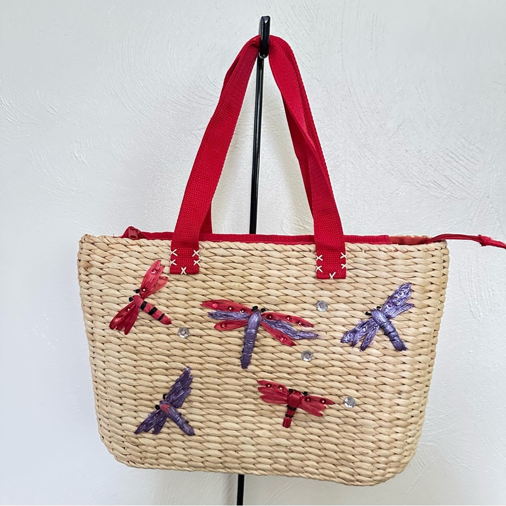 Woven Red Hat Society Tote Bag Purse Adorned With Dragonflies & Embroidered Hat